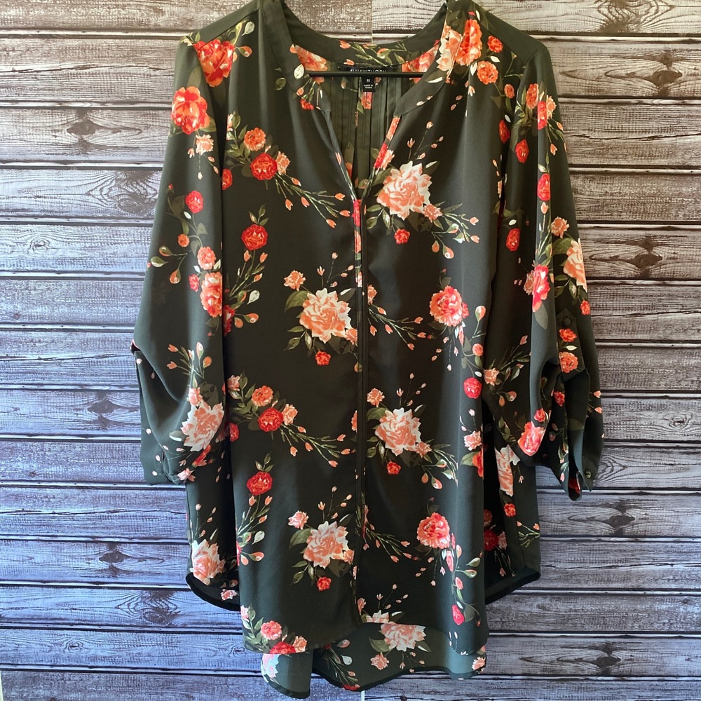41 Hawthorn Women's Long-Sleeved Blouse Size 3X Floral V-Neck Tab-Sleeves